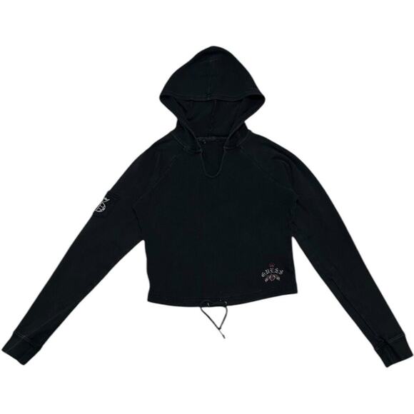 Guess Sweaters - Guess Y2K Grunge Thermal Crop Style Hooded Sweatshirt